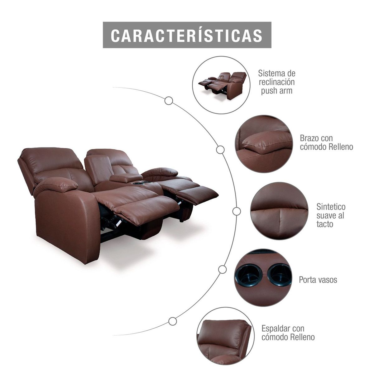 MICA - Sofá Reclinable Moderno Cuerina 2 Puestos Push Arm New Rest 163 x 92 x 95 Café Mica - Mueble - Mueble