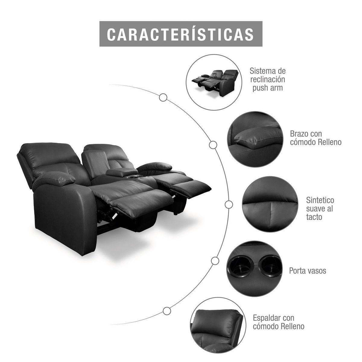 MICA - Sofá Reclinable Moderno Cuerina 2 Puestos Push Arm New Rest 163 x 92 x 95 Café Mica - Mueble - Mueble