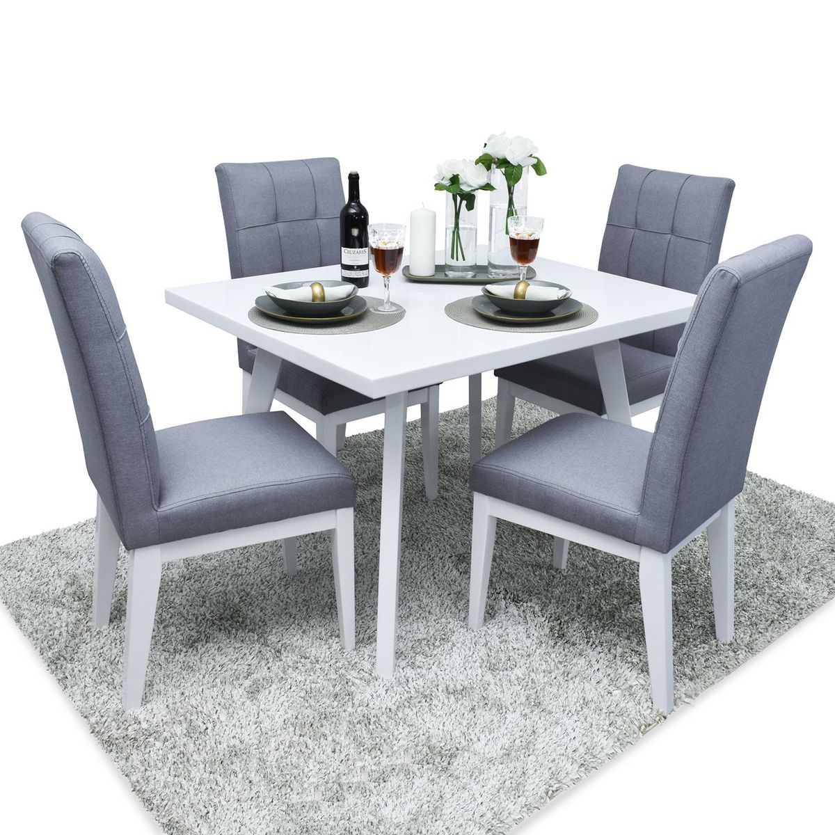 ELITE LIVING - Juego de Comedor 4 Personas Turín Madera Roble Flor morado - Microfibra Antifluidos - Mueble - Mueble