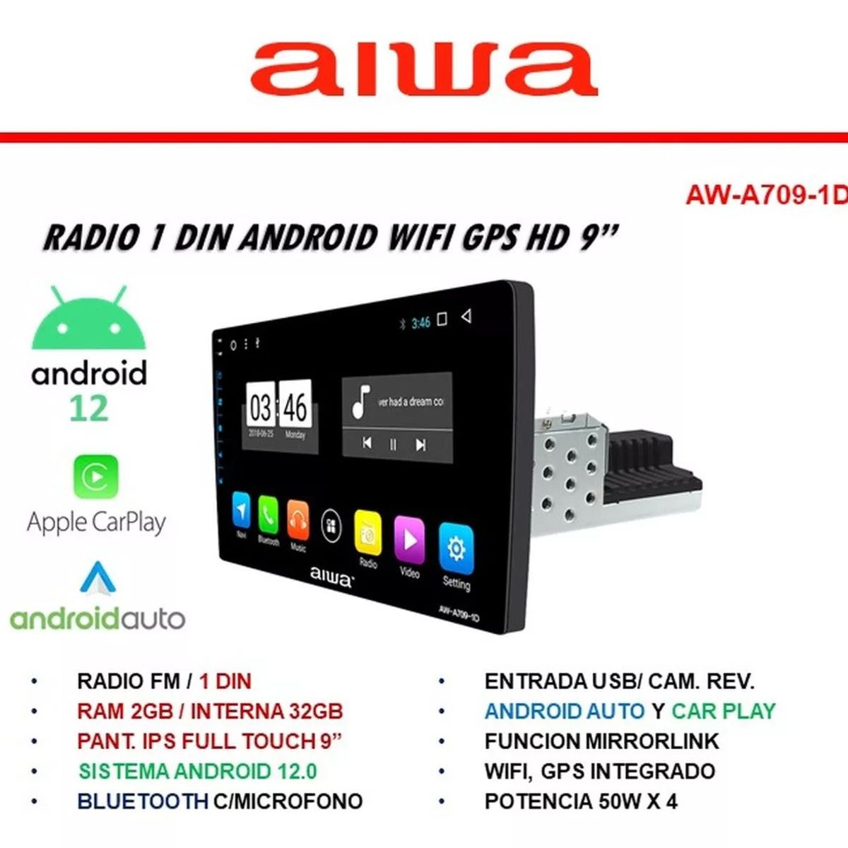 AIWA - Radio Carro Android Wifi GPS Pantalla 9 Pulg Bluetooth Aiwa AW-A709-ID