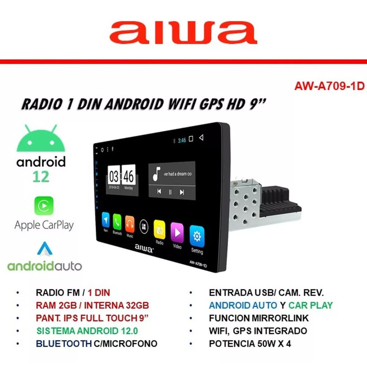 AIWA - Radio Carro Android Wifi GPS Pantalla 9 Pulg Bluetooth Aiwa AW-A709-ID