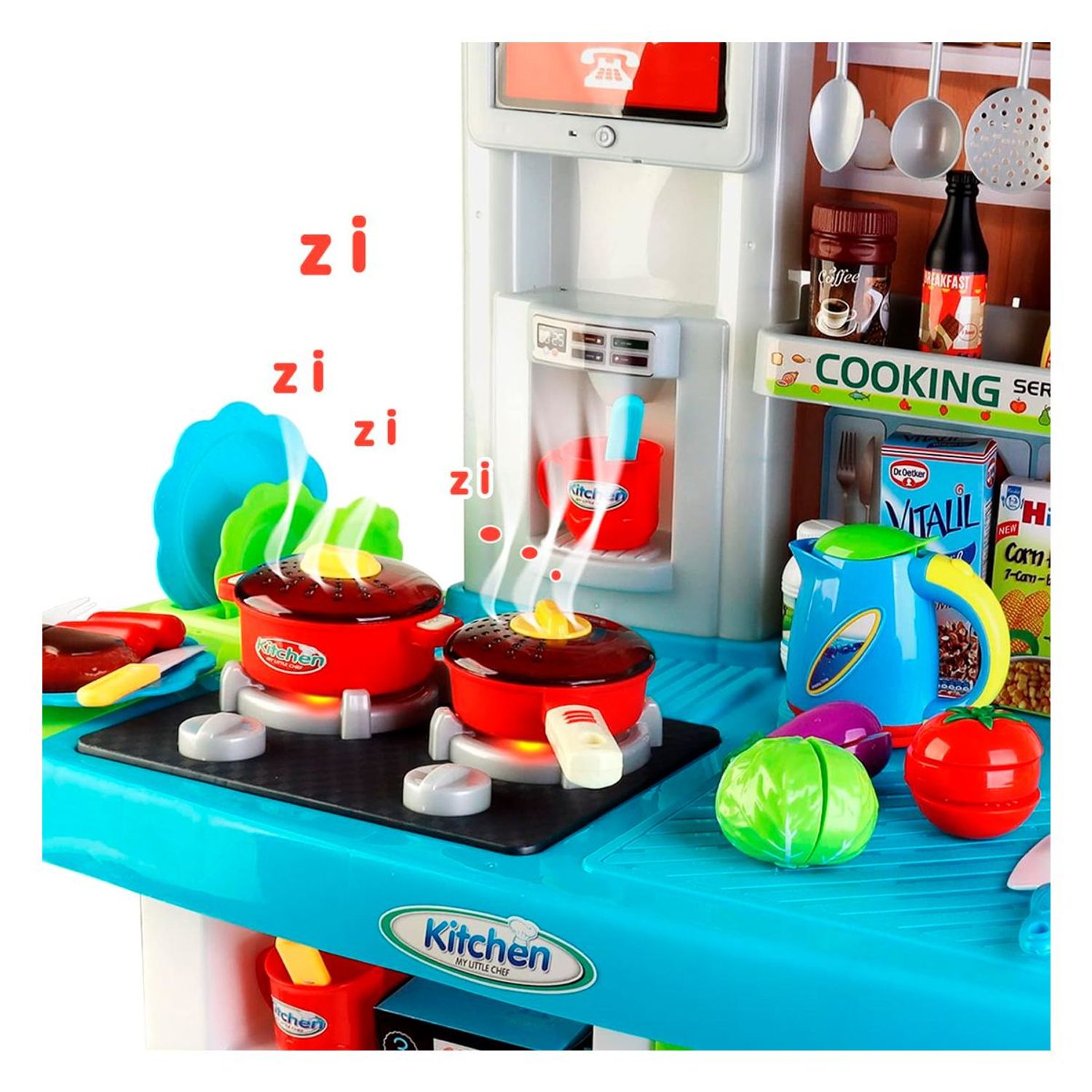 DeAO Cocinita Infantil De Juguete – 55 Piezas Con Agua, Luces, Sonidos Y Vapor Realista, Fregadero Con Bomba De Agua, Regalo Para Niños De 2 A 4 Años