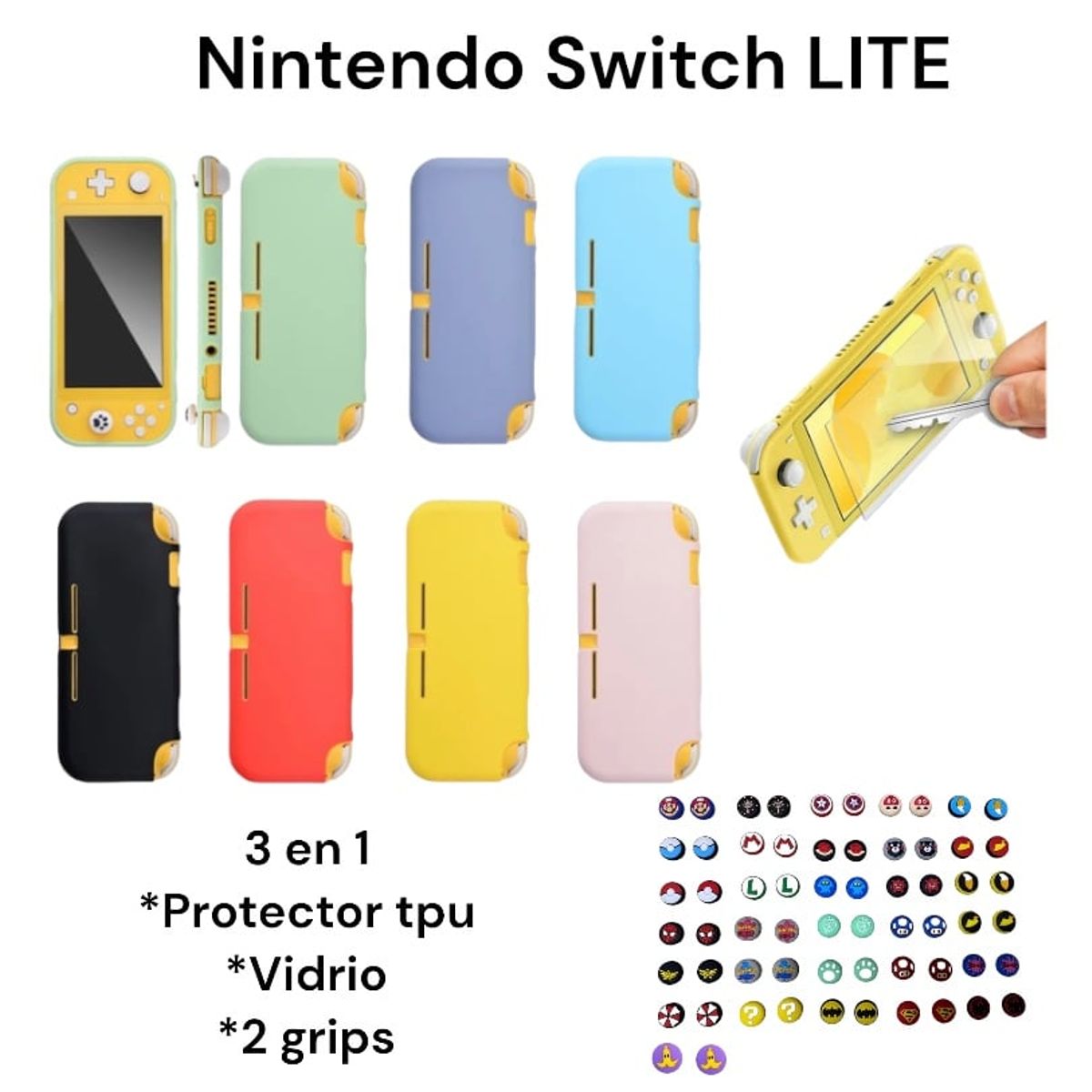 GENERICO - Protector Funda En Tpu Blanca + Vidrio + 2 Grips Para Switch Lite