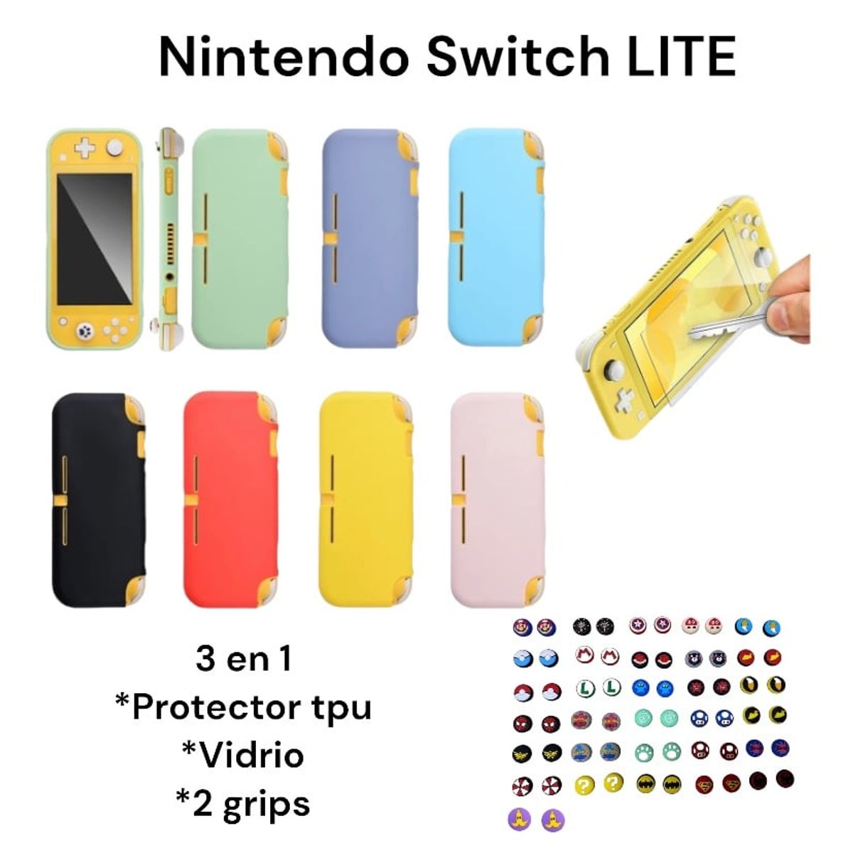 GENERICO - Protector Funda En Tpu Blanca + Vidrio + 2 Grips Para Switch Lite