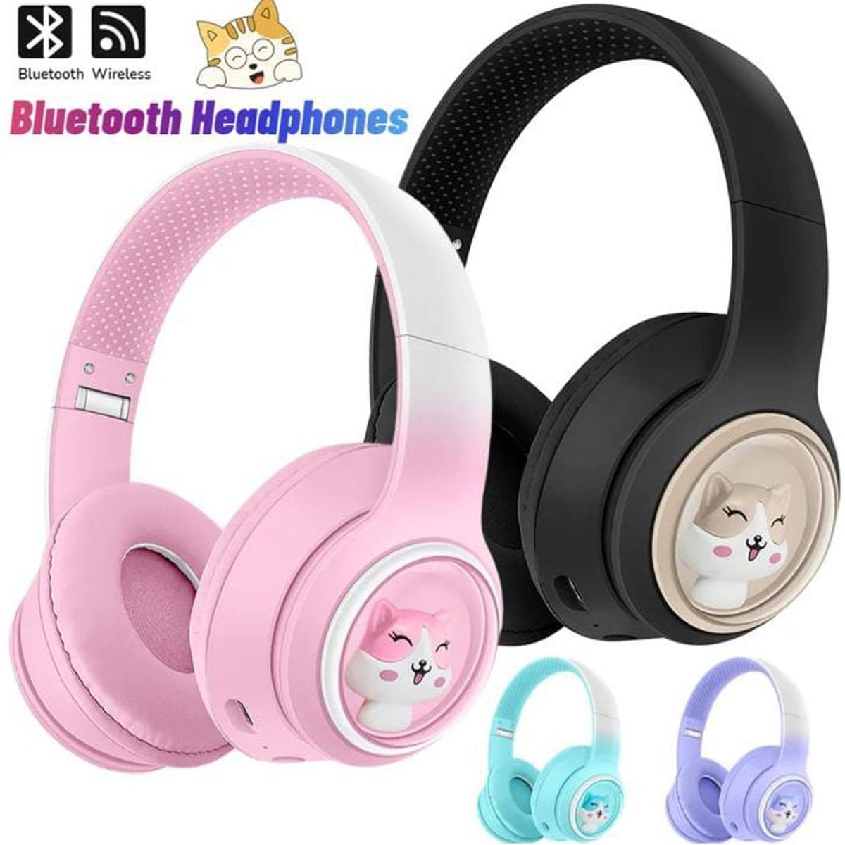 ONE PIXEL - Audifonos Diadema Bluetooth Figura Gatito Ajustable Musica AKZ-08 Ng