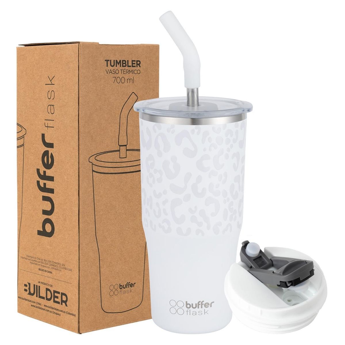 BUFFER FLASK - Mug Vaso Termo Agua Cafe 700 Acero Inox + Tapas - Blanco