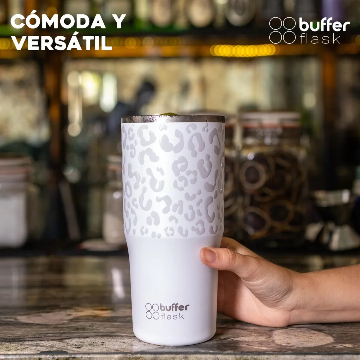 BUFFER FLASK - Mug Vaso Termo Agua Cafe 700 Acero Inox + Tapas - Blanco