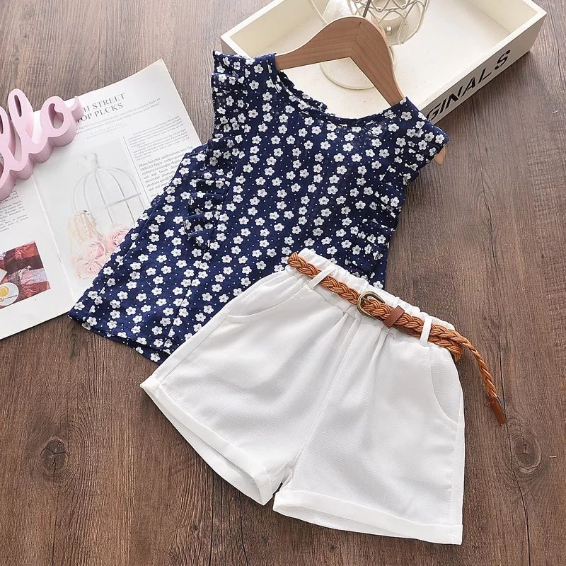 LUSOLSI - Conjunto niñas sin mangas floral pantalón corto con cinturón