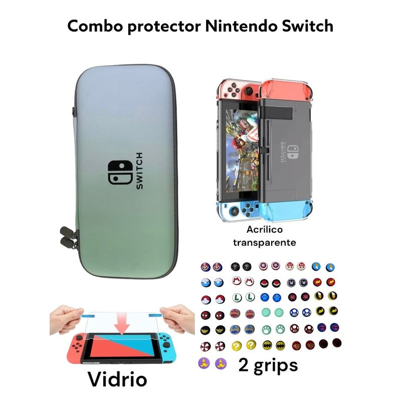 GENERICO - Estuche Rígido Verde - Azul + Acrilico + Vidrio + 2 Grips Para Switch