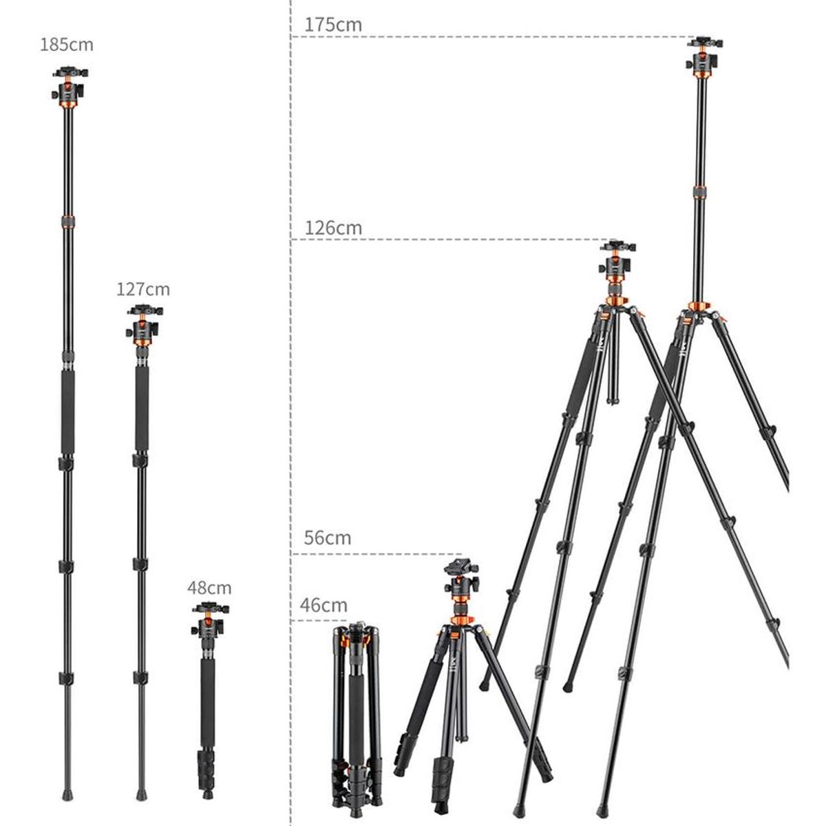 K&F CONCEPT - Tripode 360° 175cm 2-en-1 kf para camaras