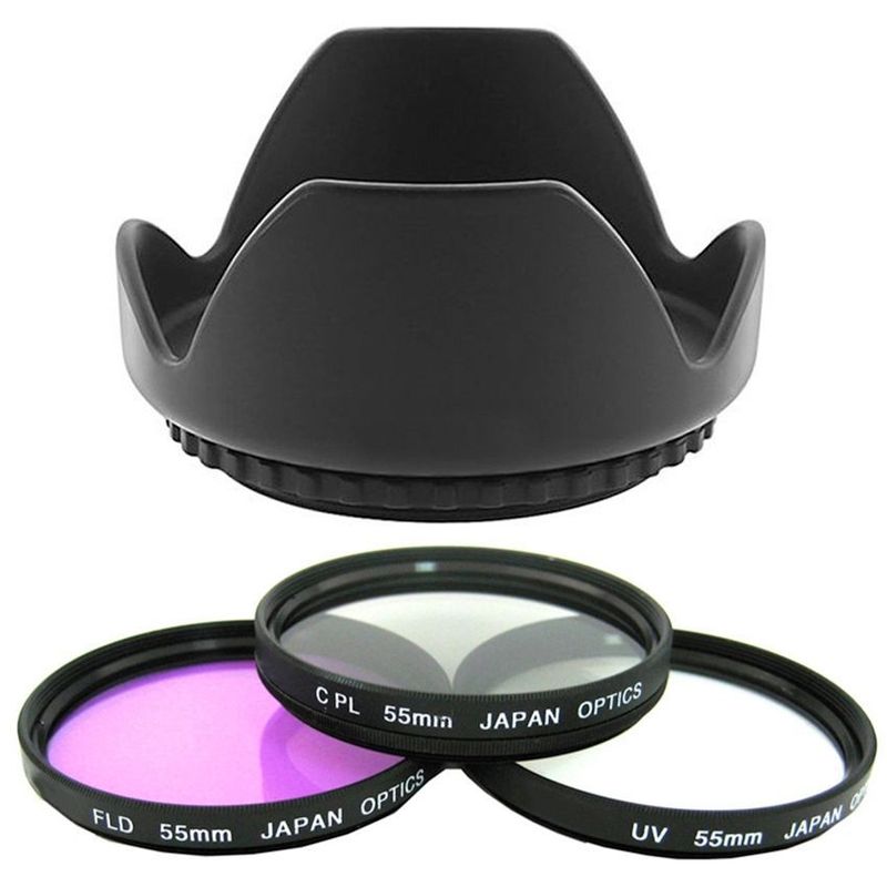 XIT PHOTO - Kit 55mm parasol + 3 filtros: uv cpl fld para camaras universal