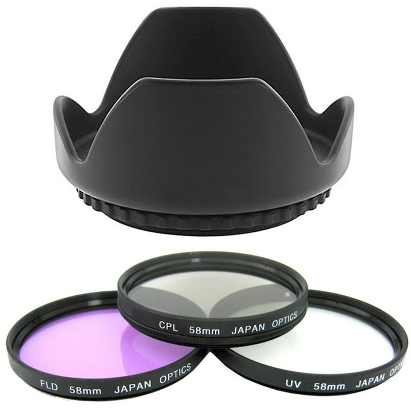 XIT PHOTO - Kit 58mm parasol + 3 filtros: uv cpl fld para canon yongnuo nikon