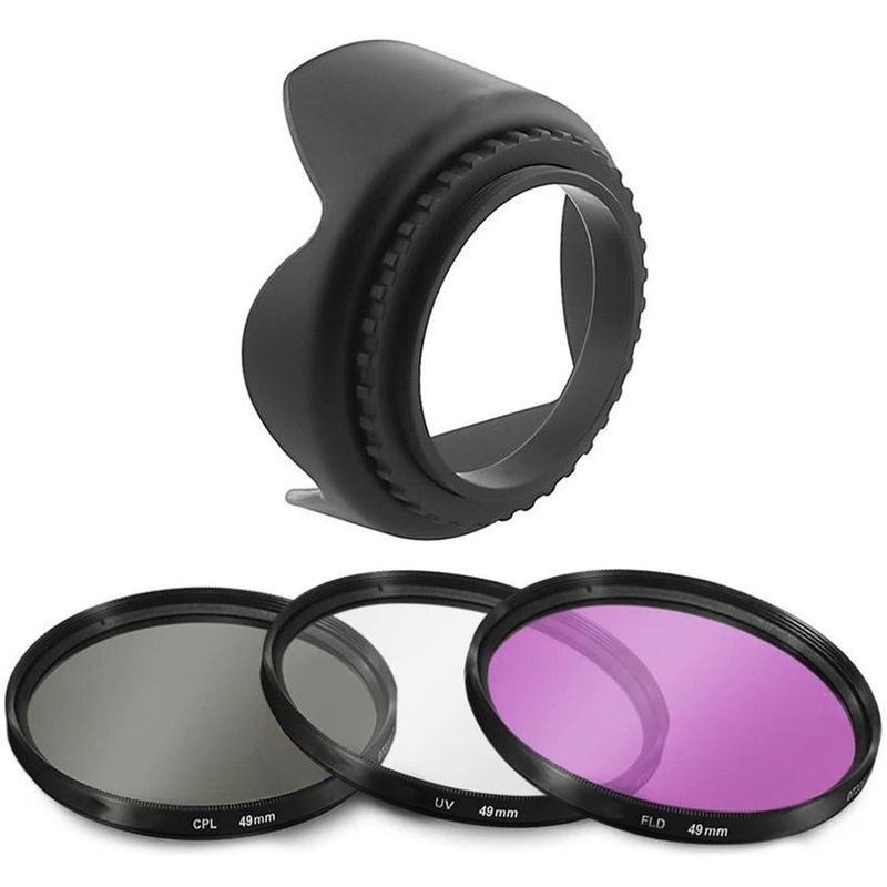 GENERICO - Kit 49mm parasol + 3 filtros: uv cpl fld para nikon canon yongnuo