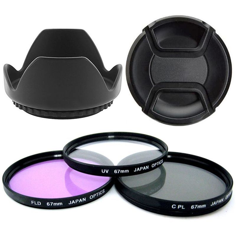 GENERICO - Kit para cámaras canon o nikon de 67mm: 3 filtros, 1 parasol 1 tapa