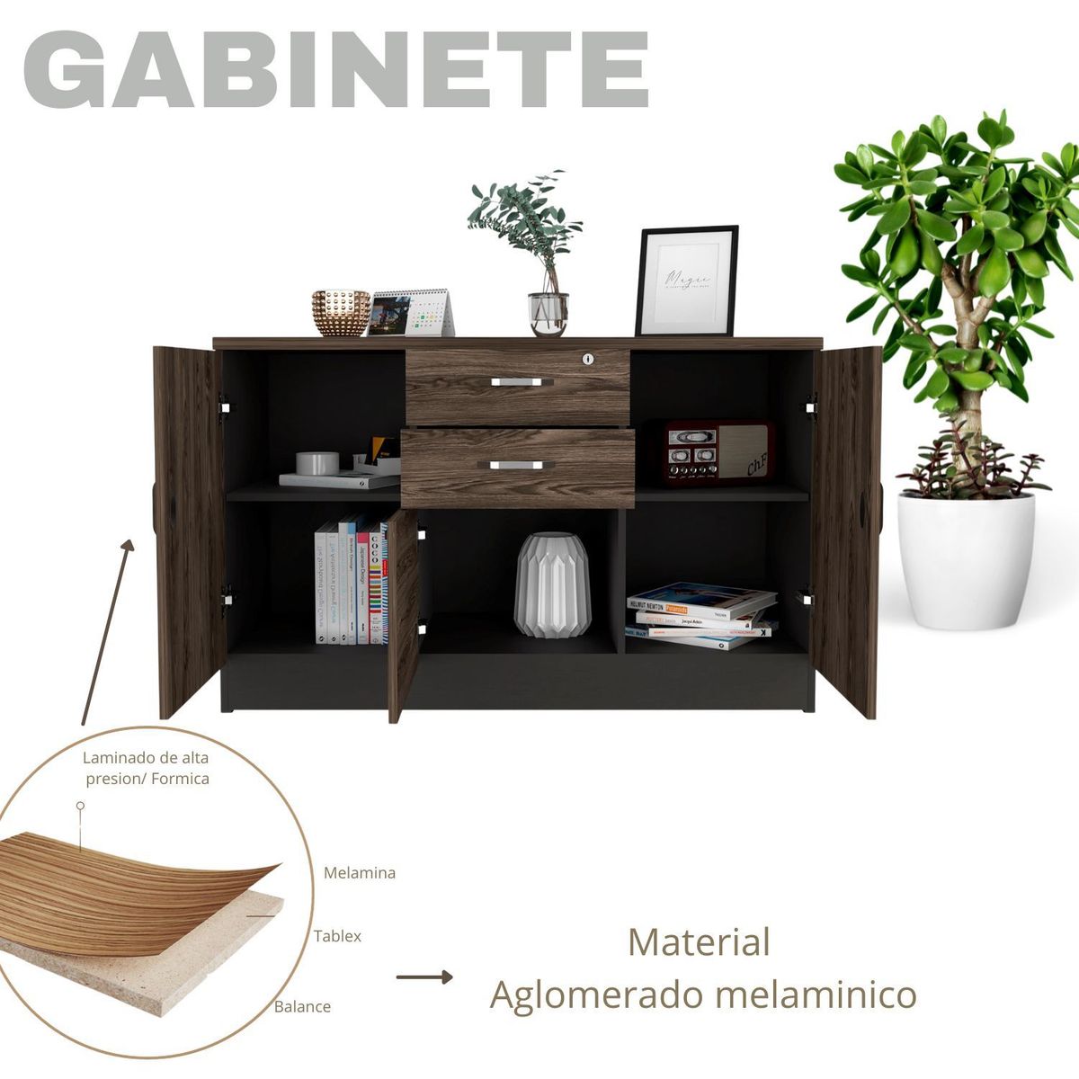 EKONOMODO COLOMBIA - Gabinete 2 Cajones 3 Puertas Lino Wengue Coñac