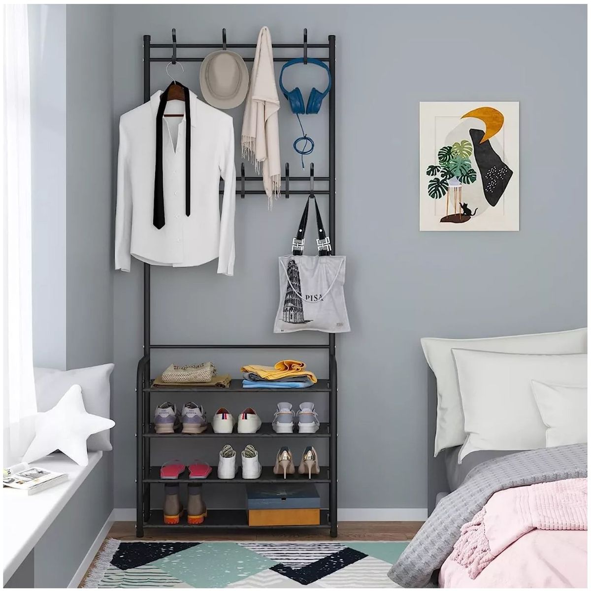 ONE PIXEL - Organizador Multifuncional Rack Zapatero Perchero 4 En 1 Negro
