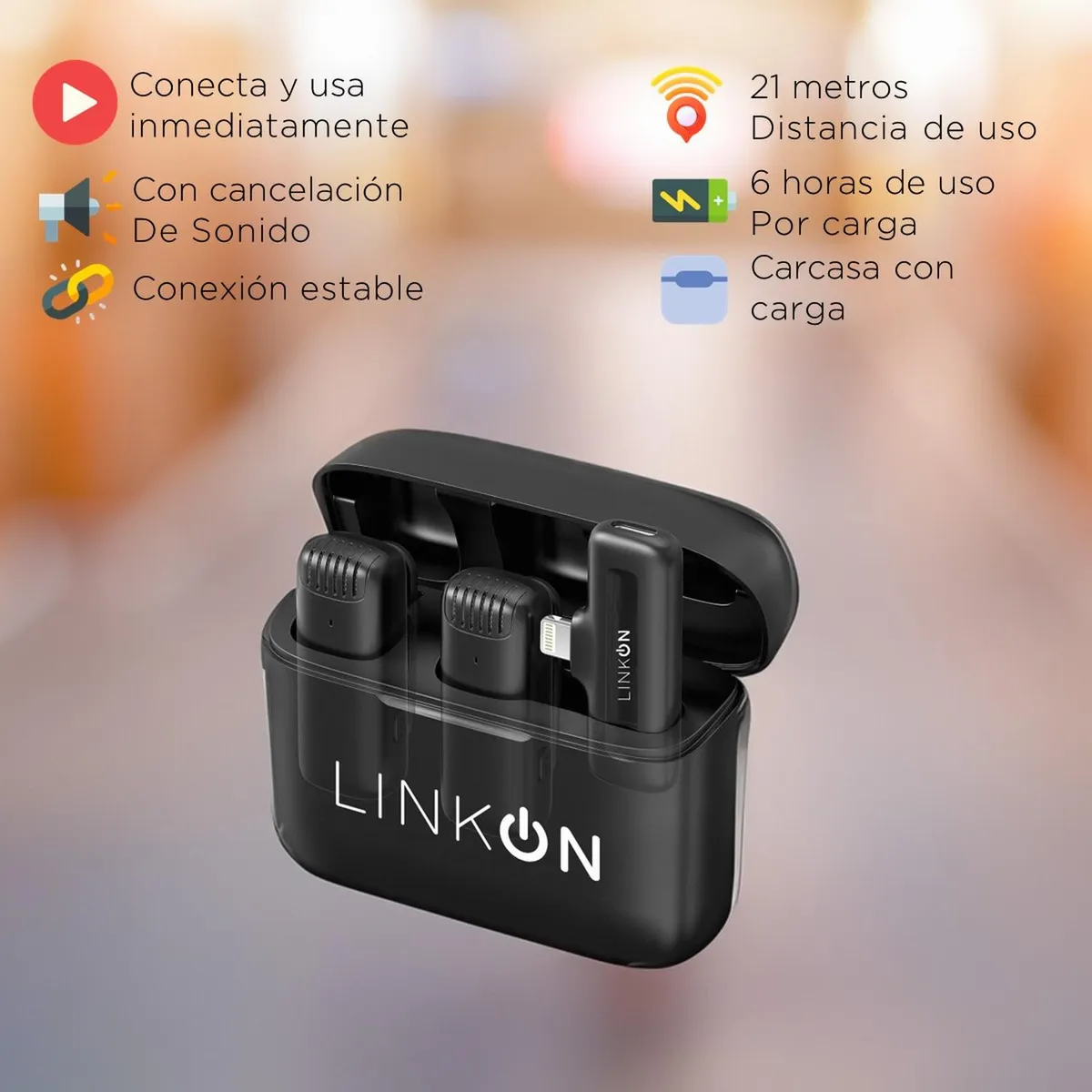 LINKON - Microfono Inalambrico Lavalier Solapa + Estuche Carga - Negro