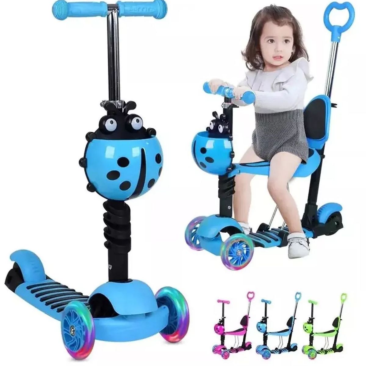 ONE PIXEL - Patineta Mariquita Para Niñas 5-en-1 Luces LED Azul