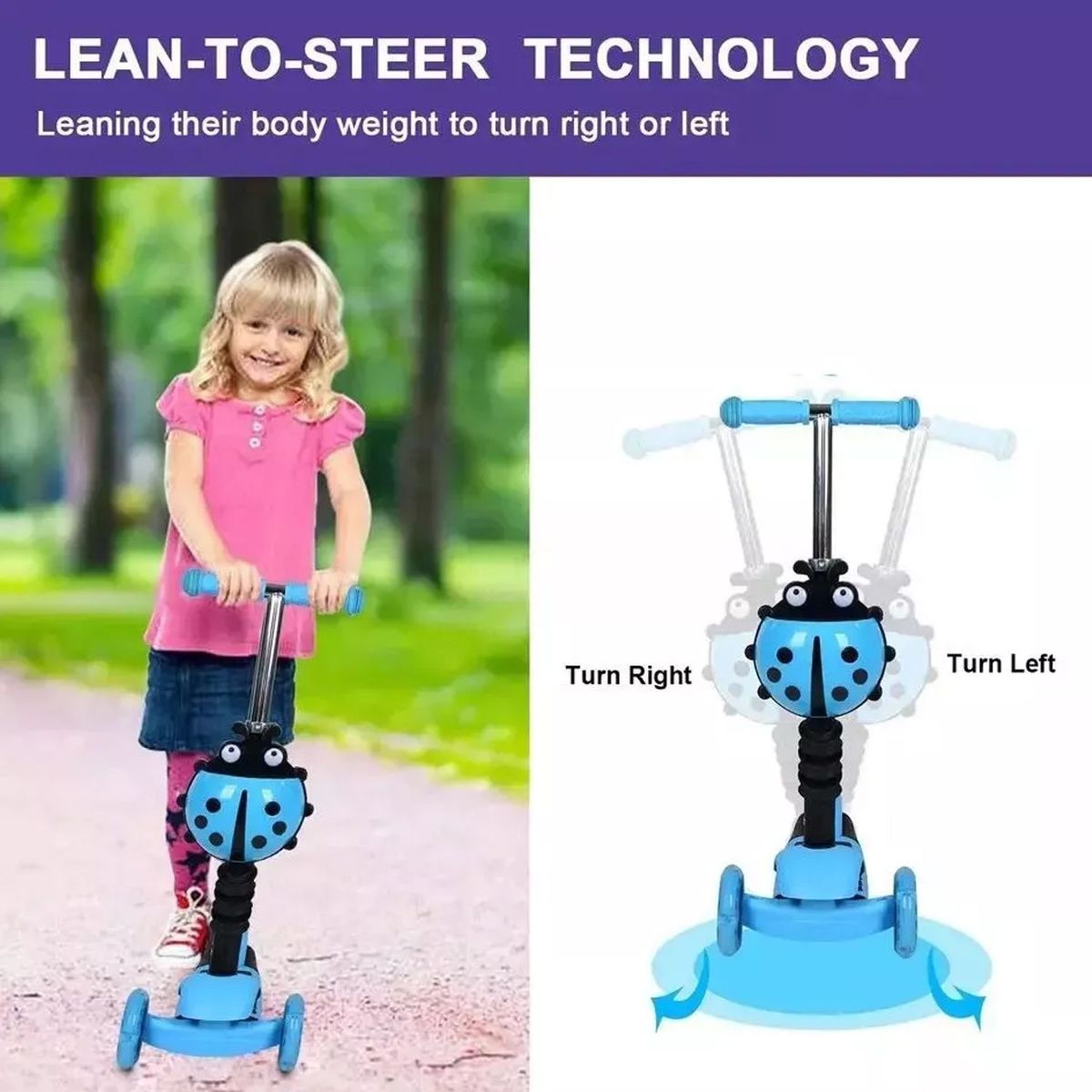 ONE PIXEL - Patineta Mariquita Para Niñas 5-en-1 Luces LED Azul