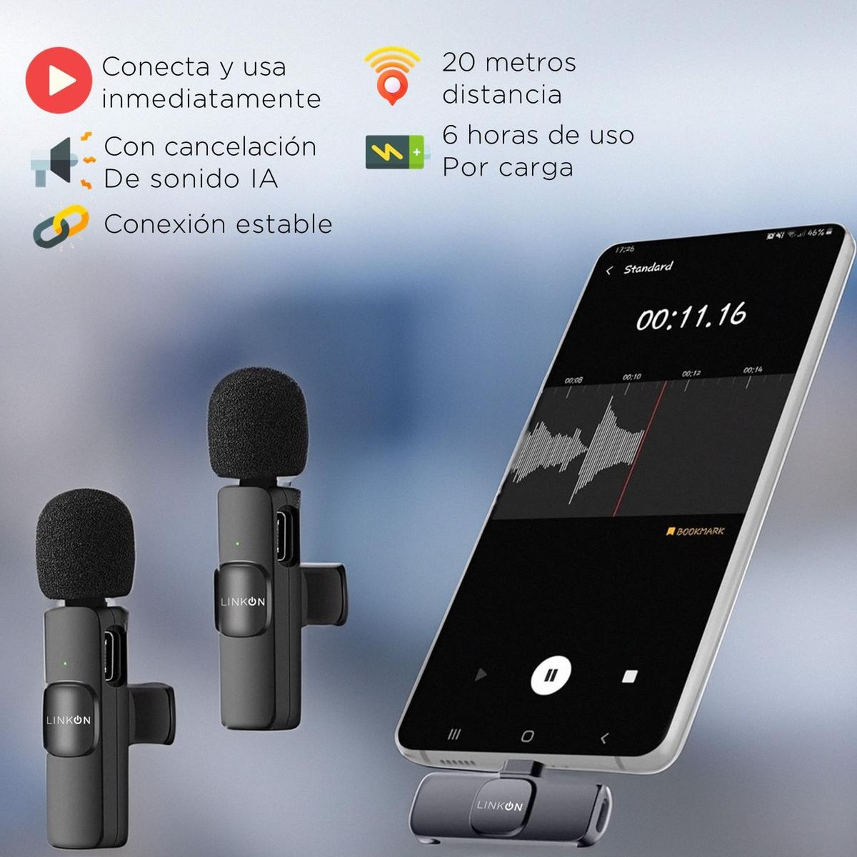 LINKON - Microfono Inalambrico Solapa 2x1 Linkon Iphone Tipo C - Negro