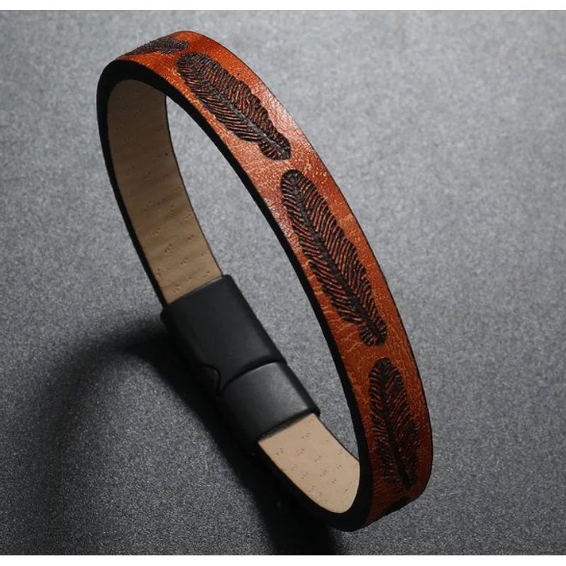 GENERAL - Manilla Pulsera Para Hombre Cuero Plumas Broche Magnético