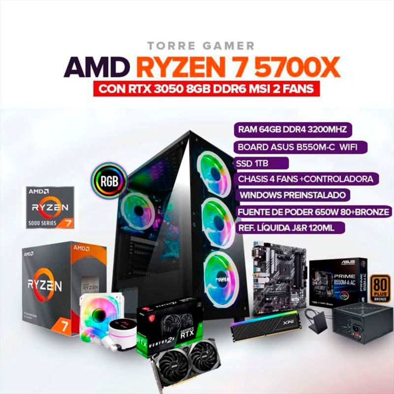 AMD - TORRE GAMER RYZEN 7 5700X /64GB RAM /RTX 3050 8GB /1TB SSD /BOARD B550M WIFI