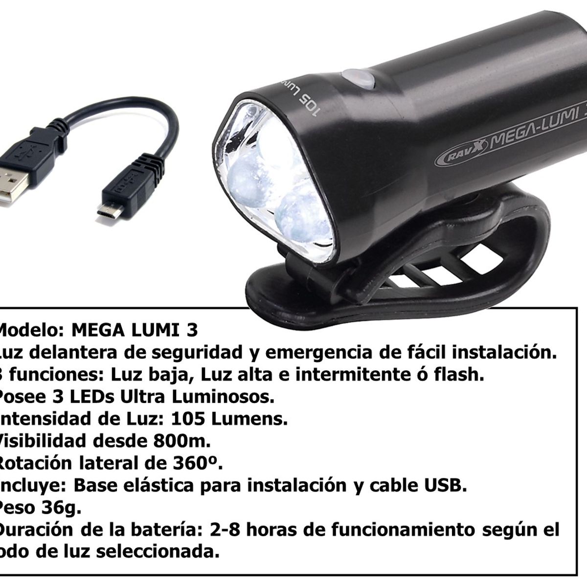 GENERICO - Luz Delantera Bicicleta Ravx Usb Recargable 105 Lumens Mtb