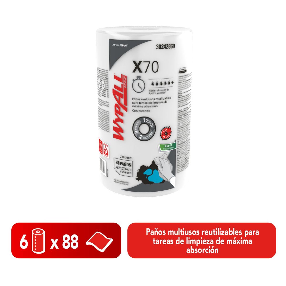 WYPALL - Paños de limpieza WypAll® X70 Rollo Regular Liso