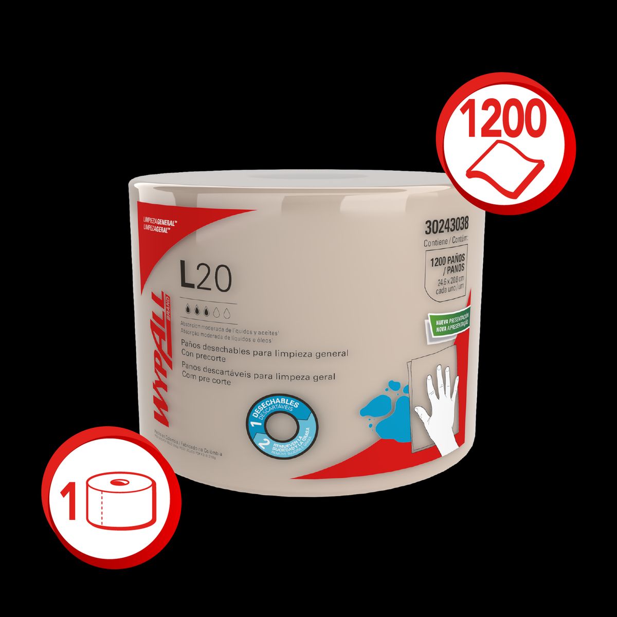 WYPALL - Paños de limpieza WypAll® L20 Rollo Jumbo 1200