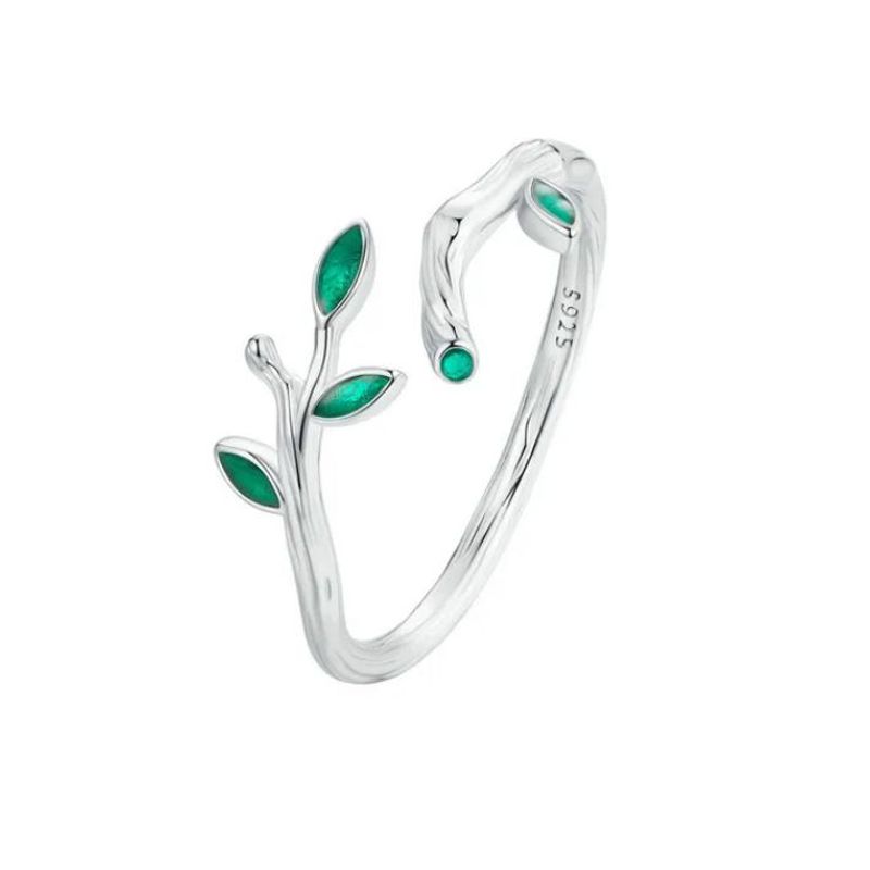 GENERICO - Anillo Ajustable Para Mujer Hoja Rama Verde Fabricado En Plata 925