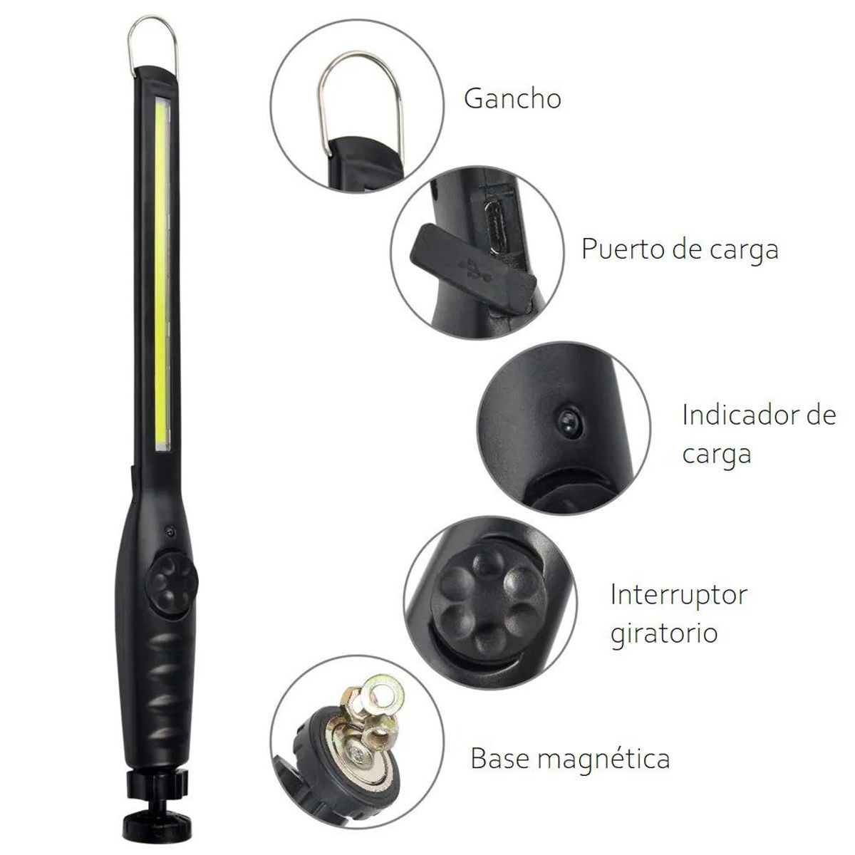 GENERICO - Linterna Led Base Magnética Rotacion 360 Gancho 3 Modos