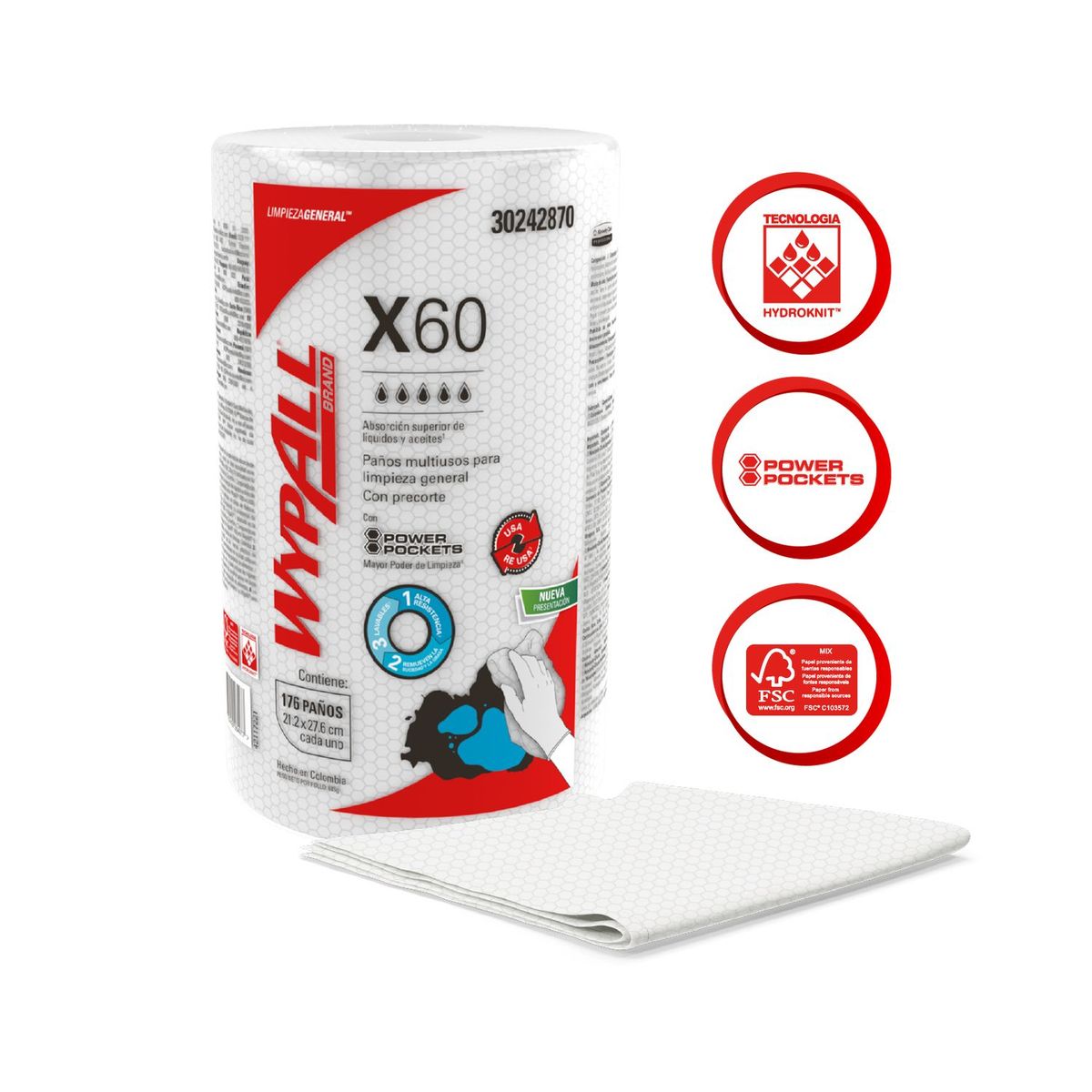 WYPALL - Paños de limpieza WypAll® X60 Rollo Power Pockets x176 paños