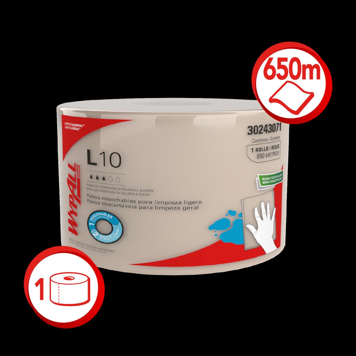 WYPALL - Paños de limpieza desechables WypAll® L10 Rollo Jumbo x 650 metros