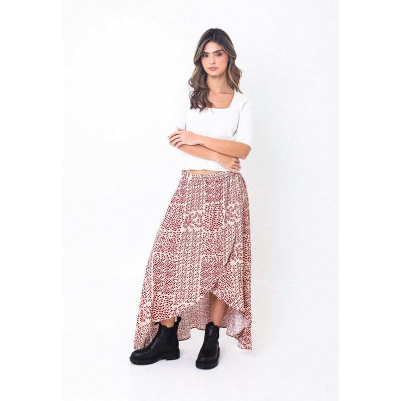 BELIFE - Falda Larga Roja Con Cintura Resortada Y Abertura Frontal Para Mujer Belife