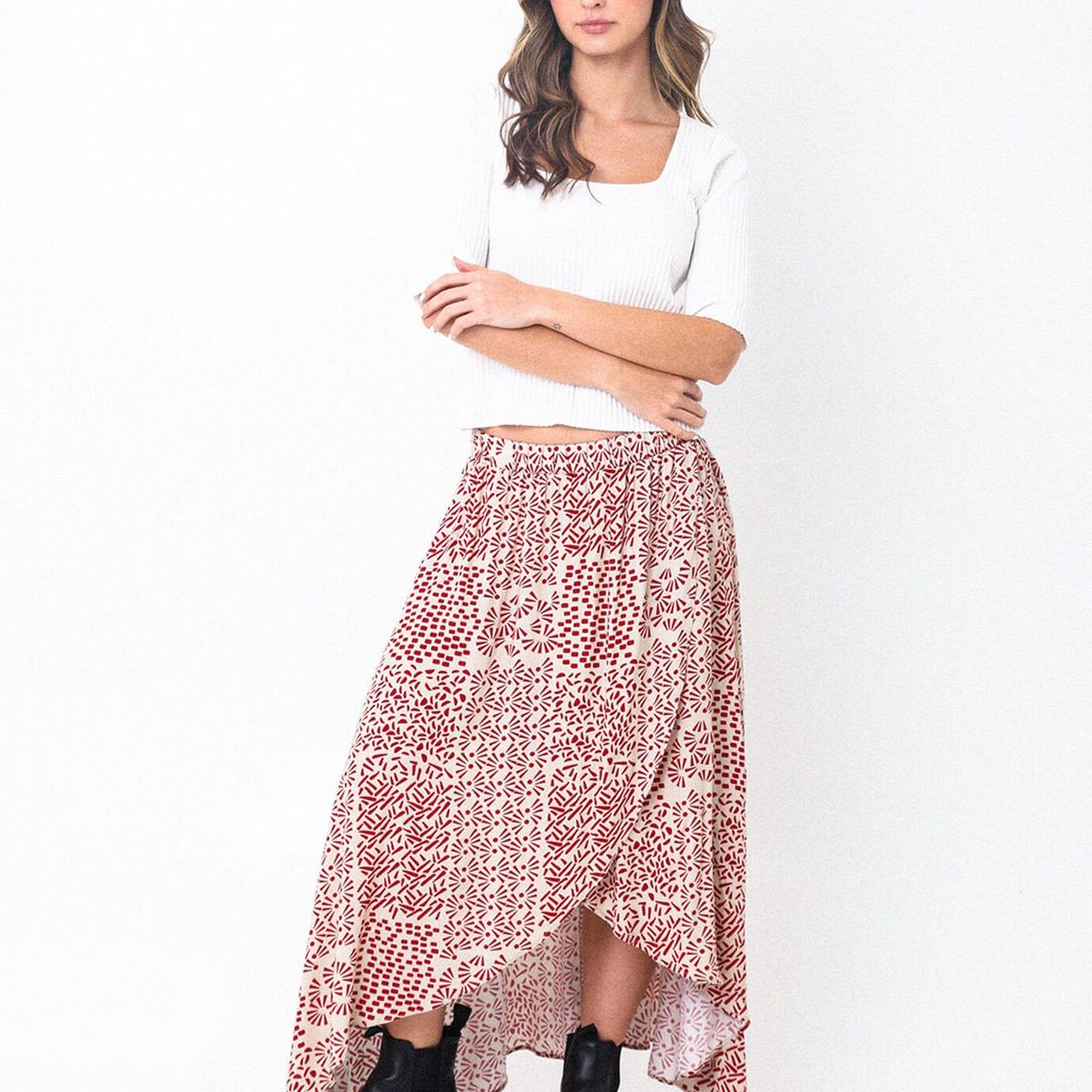 BELIFE - Falda Larga Roja Con Cintura Resortada Y Abertura Frontal Para Mujer Belife