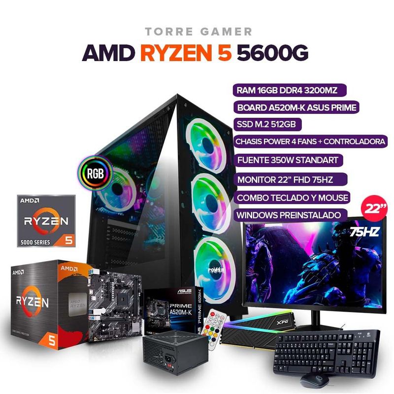 AMD - TORRE GAMER RYZEN 5 5600G /16GB RAM /512GB SSD M.2/BOARD A520M-K MONITOR 22" FHD