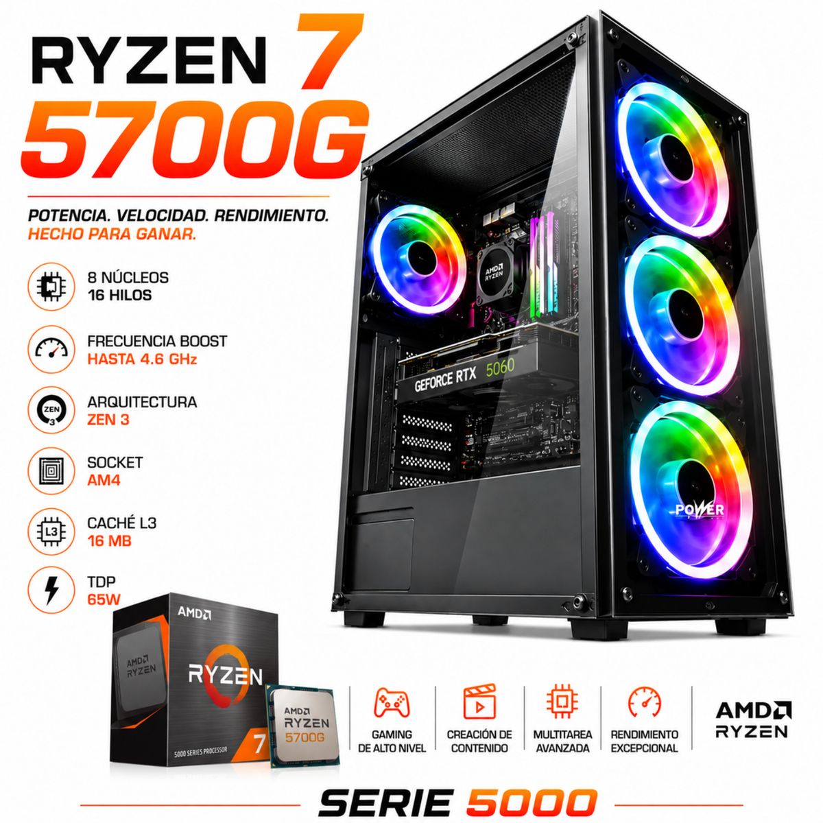 AMD - TORRE GAMING - RYZEN 7 5700G - RTX 5060 8GB - 32GB RAM - SSD 1.5TB - BOARD B550 - WINDOWS 11