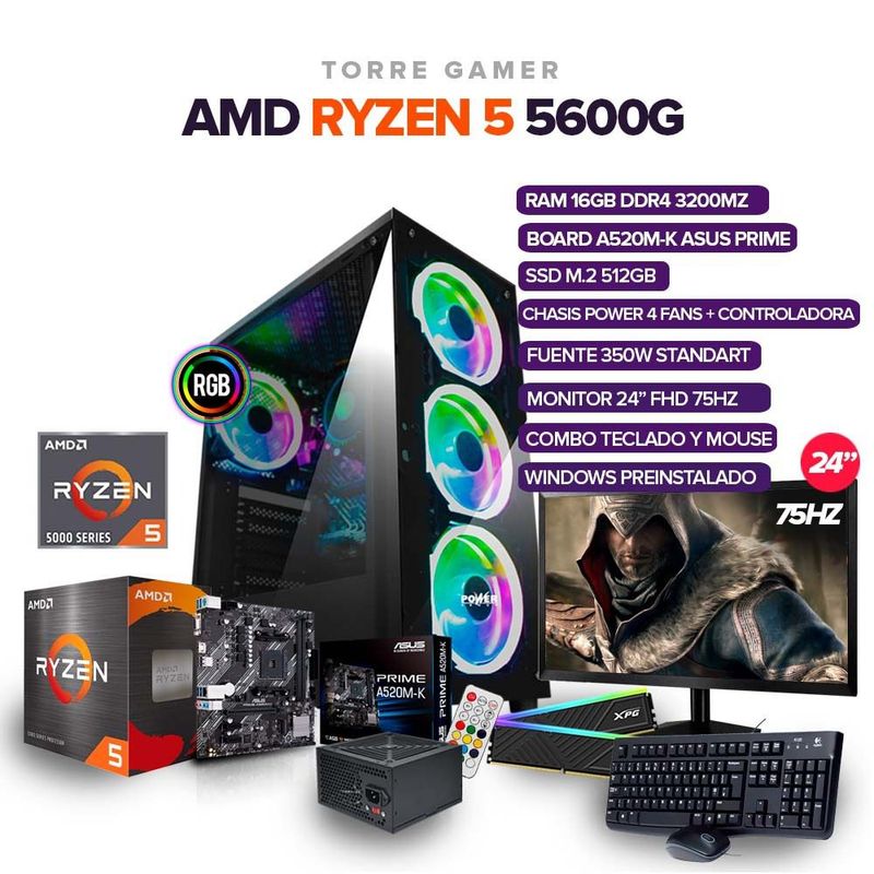 AMD - Pc Gamer Ryzen 5 5600G /16Gb Ram/ M.2 512GB /Board A520M-K  MONITOR 24"