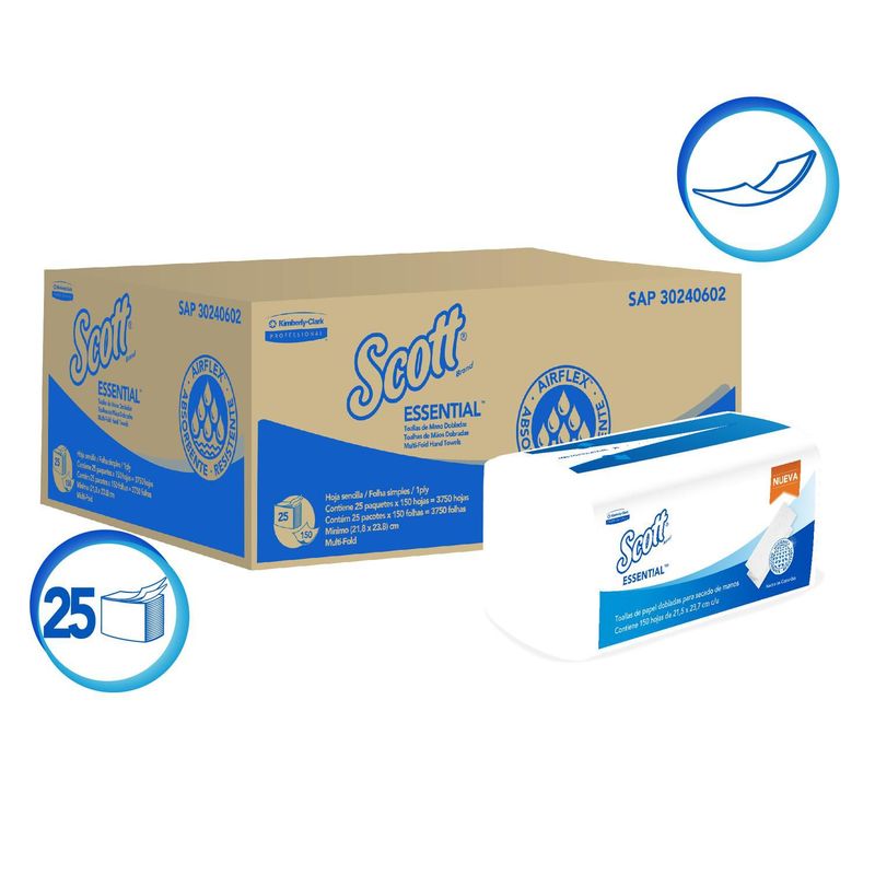 SCOTT - Toalla Manos Scott Essential Z Blanca 1 Hoja Caja X 25 Paq