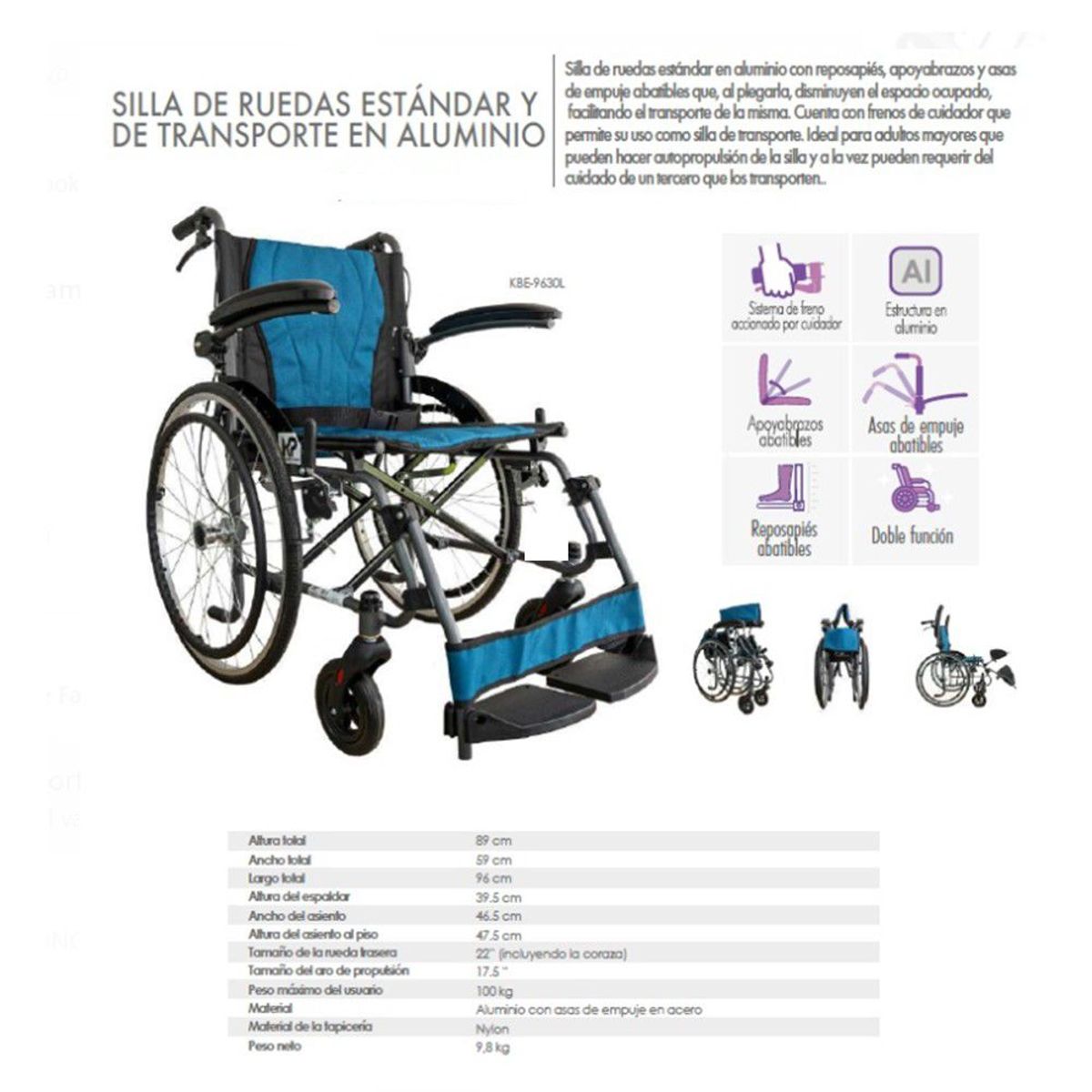 GENERICO - Silla de ruedas de transporte en aluminio 9.8 kl