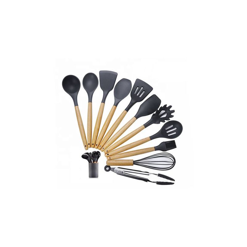 GENERICO - Juego utensilios cocina silicona x12 sin bpa mango madera