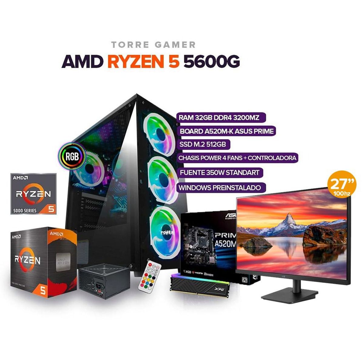 AMD - TORRE GAMER RYZEN 5 5600G/32GB RAM/512GB M.2/BOARD A520M-K MONITOR 27" FHD 100Hz