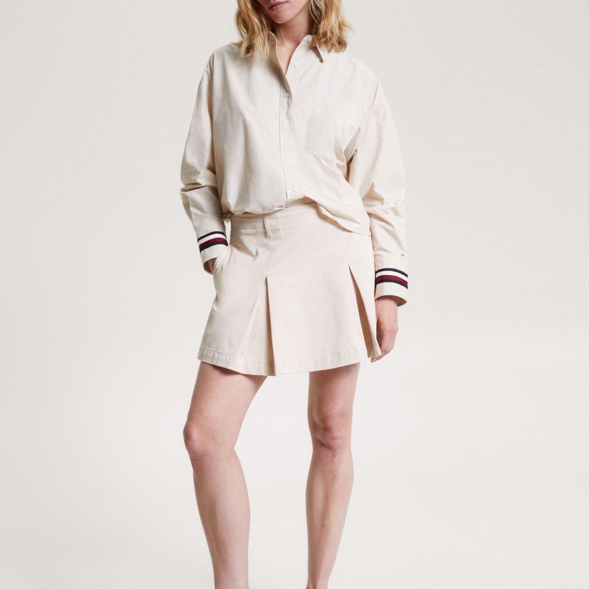 TOMMY HILFIGER - Camisa Corta Extragrande Con Rayas Globales Mujer Beige Tommy Hilfiger