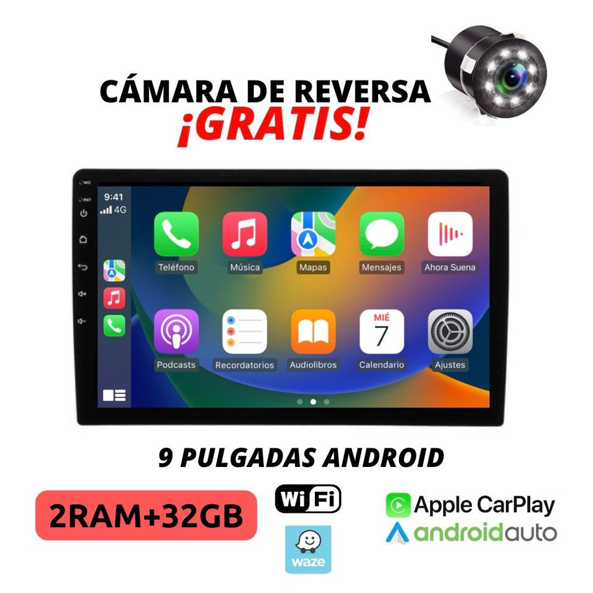 GENERICO - Radio pantalla Android 9 pulgadas 2DIN, CarPlay, Cámara de reversa