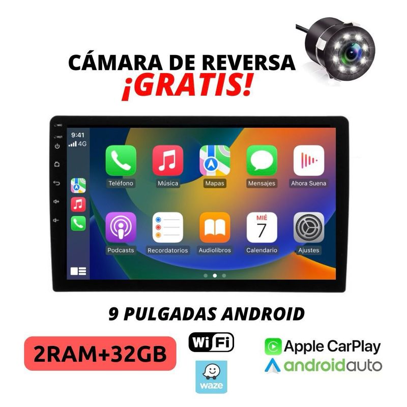 GENERICO - Radio pantalla Android 9 pulgadas 2DIN, CarPlay, Cámara de reversa