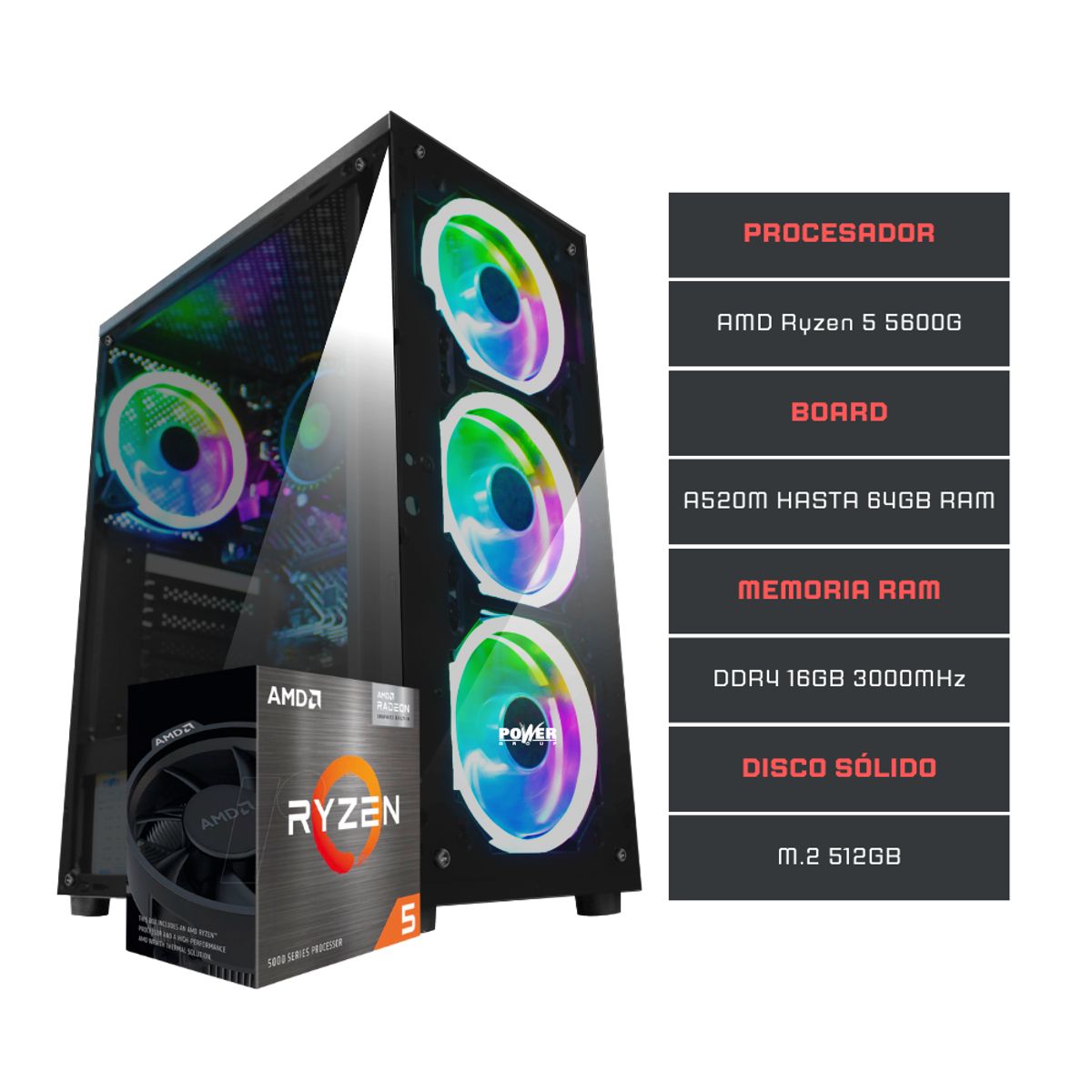AMD - PC Gamer Rgb Ryzen 5 5600G + DDR4 16GB + SSD 512GB + Monitor 27''