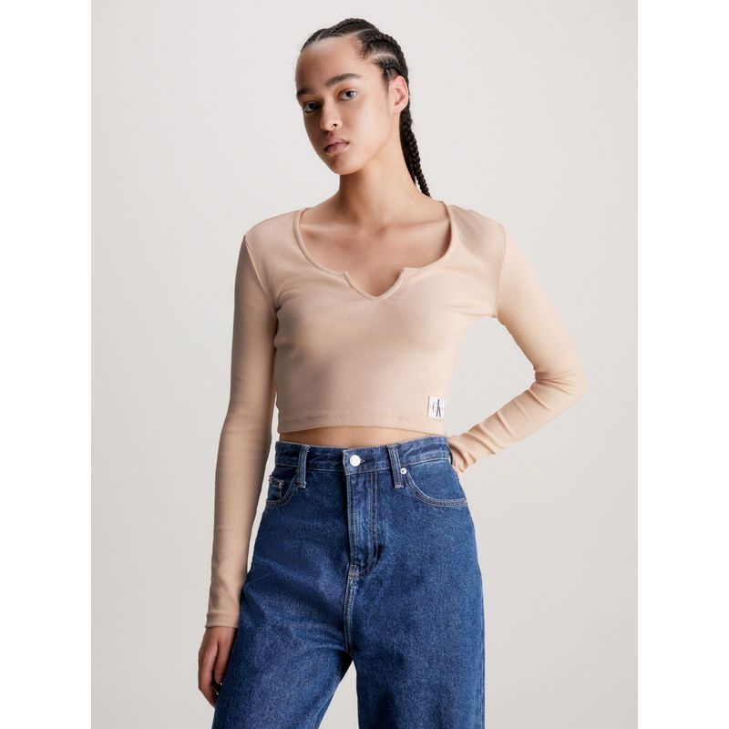 CALVIN KLEIN - Camiseta Beige Slim Con Cuello Partido Para Mujer Calvin Klein