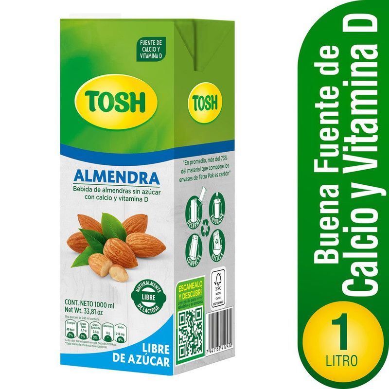 TOSH - Bebida Tosh Almendra Libre De Azucar X 1000Ml