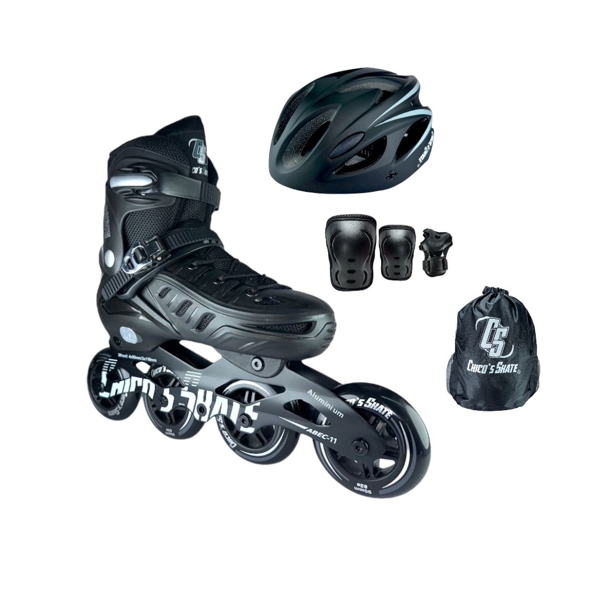 CHICOS - Combo Patines Linea Roller Skate Con Protecciones XL 43 Ajustables a 46 Negro