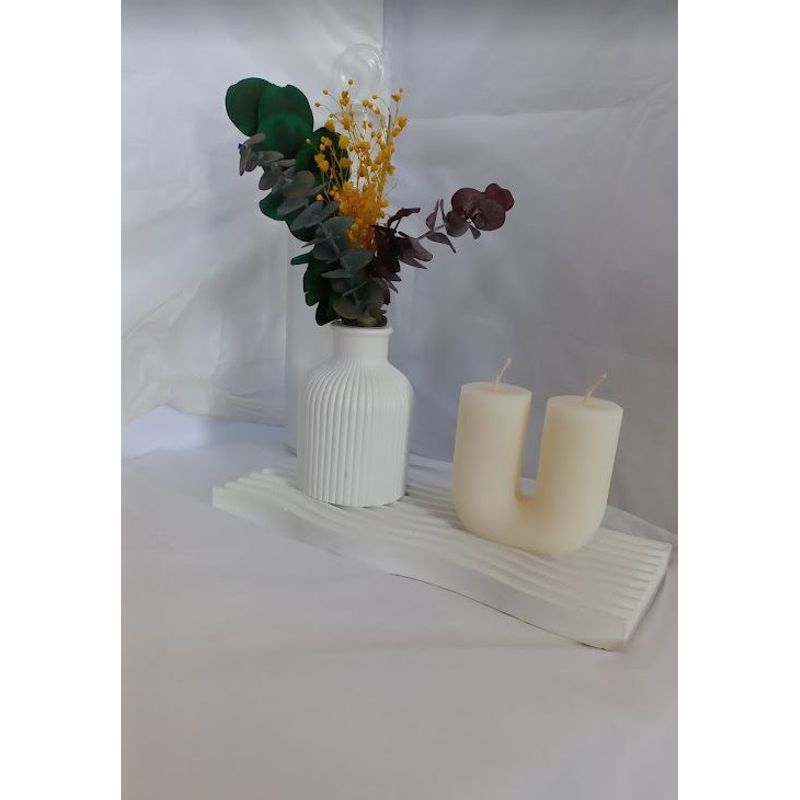 DECORACIONES ALE Y GABI - SET DECORATIVO JARRON FLORES BANDEJA OLAS Y VELA 4 PIEZAS